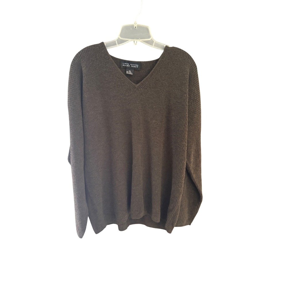 Linda Allard Ellen Tracy Womens 2X Wool Blend V-Neck Ribbed Sweater Olive Brown